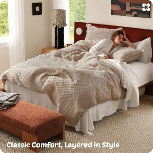 Bedsure PureWoven 3 Pieces 100% Cotton Waffle Weave Duvet Cover Set, Khaki - Image 6