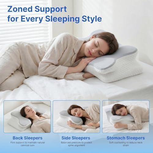 Cervical Pillow for Neck Pain Relief, Orthopedic Memory Foam Pillow with Cooling Cover, Contour Ergonomic Support for Side Back Stomach Sleepers (Grey) - Image 5