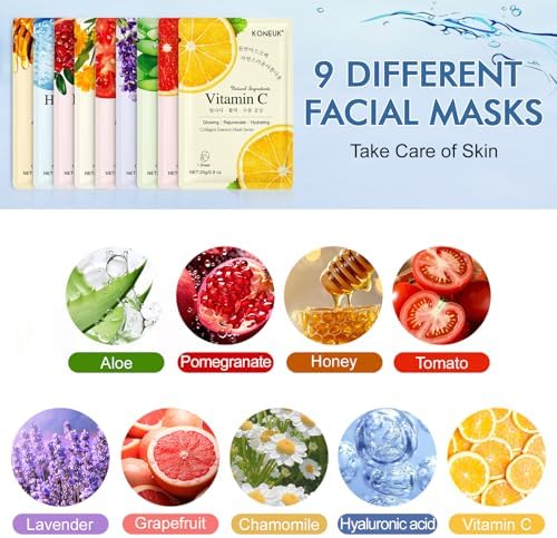 9 Pack Collagen Face Masks Skincare for Women, Hydrating Sheet Face Masks - Image 3