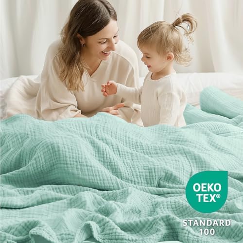 100% Cotton Muslin Blanket Queen 90" x 90", Breathable and Lightweight Cotton Throw Blankets for Bed, Soft Cooling Summer Gauze Blanket for Adults All Season, Mint - Image 2