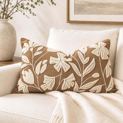 BlissBlush 12x20 Lumbar Pillow Cover, Rectangular Brown Decorative Throw Pillowcase for Couch Sofa, Embroidered Velvet Farmhouse Accent Cushion (Cover Only) by BlissBlush
