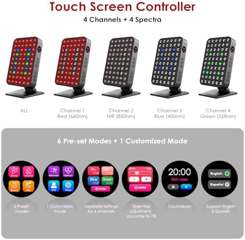Red Light Therapy Panel 300W 60pcs Dual-Chip 4 Bands LED Light Therapy Red Infrared Blue Green 660nm 850nm 455nm 528nm, High Irradiance, Touch Screen Controller, Ideal for Body, Face, Skincare, Sleep - Image 3