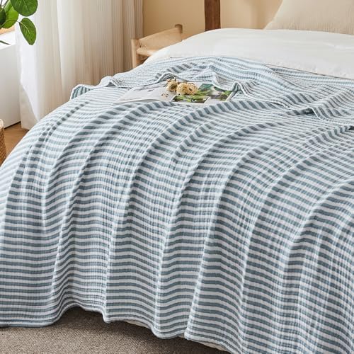 EMME Cotton Muslin Blanket Couch 4-Layer Breathable Gauze Soft Lightweight Bed Blankets Adults Teal King (108" x 90") - Image 5