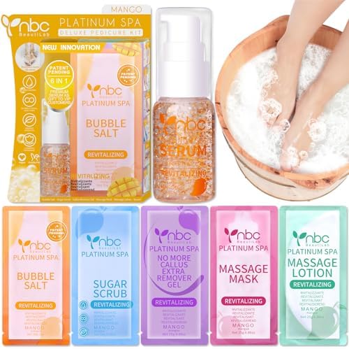 Pedicure Kit Foot Soak Set: Bubble Salt, Sugar Scrub, Massage Mask, Massage Lotion in a Box, 4 Step Foot Spa Kit for Dry Feet, Softens Calluses, Soothes Sore and Tired Feet (Mango) by nbcBeautiLab