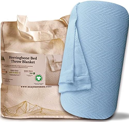 Mayfair Linen Cotton Throw Blankets for Bed Queen Size - Herringbone Pattern Soft Cotton Blanket (1 PC, Light Blue), Breathable, Soft & Cozy Thermal All Season Throw for Bed Couch Chair Outdoors by MayfairLinen