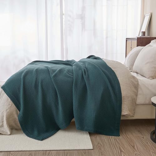 100% Cotton Blue Blanket King Size for Bed - Breathable and Soft, Waffle Weave for Summer Spring, 102x90 Inches (Peacock) - Image 5