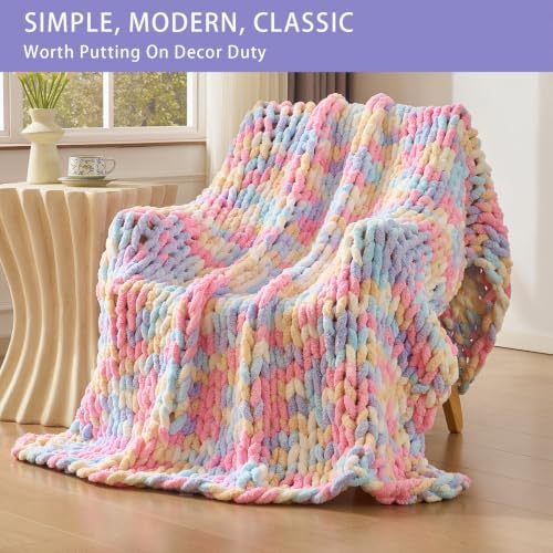 Bigacogo Chunky Knit Throw Blanket for Couch, 51x63 inches, Pink Blue Mix - Image 3