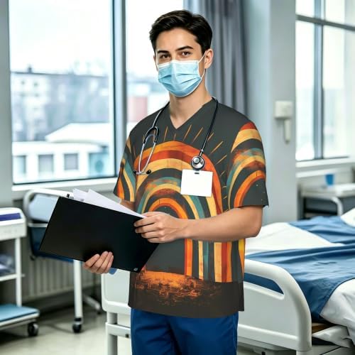 Men's Scrub Top,V-Neck Spill Wrinkle Resistant,3 Pockets-Boho Rainbow (2) - Image 3