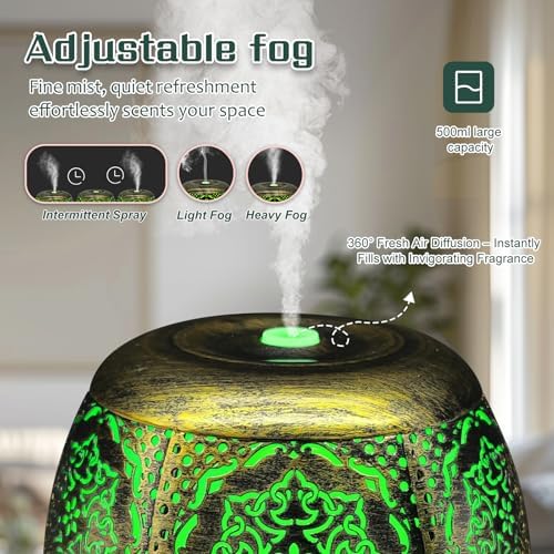 500ml Metal Essential Oil Diffuser, Antique Gold Aromatherapy Diffuser, Moroccan Hollow Out Design, 7 Color LED, Timer, Auto Shut-Off, Vintage Iron Cool Mist Humidifier for Large Room, Home Decor Gift - Image 5