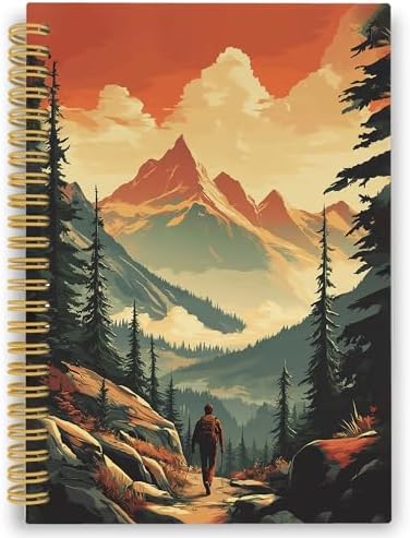 Vintage Mountain Hiking Spiral Notebook, Nature Hiker Journaling Notebooks for Men Women, Forest Scenery Hardcover Journals for Office 160 Pages 5.5 x 8.3 Inch, Hiking Gifts for Women Men by XPH