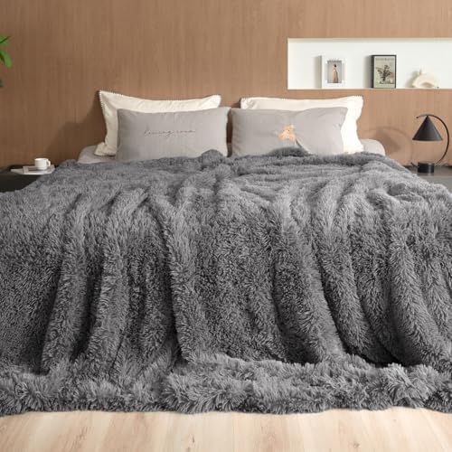 Pawque Faux Fur Throw Blankets Queen Size Fluffy Soft, Grey, 90x90 inches by Pawque