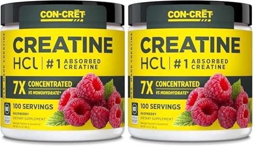 CON-CRET Creatine HCl Powder | Muscle, Cognitive, Cellular Energy Support | No Bloating or Cramps | USA Made & NSF Certified | Raspberry (100 Serving) (Pack of 2) by CON-CR%C4%92T%C2%AE