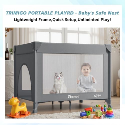 Portable Baby Playard& Playpen with Mattress, Travel Crib, Grey - Image 2