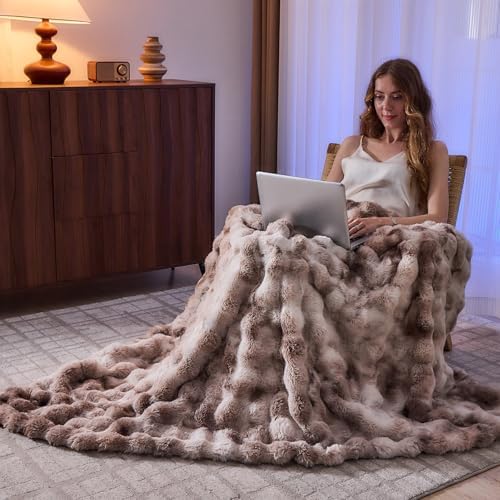 Lotus Karen Faux Fur Throw Blanket Tie-Dye Beige - Big Bubble Rabbit Fluff Blanket for Couch, Large Fluffy Fuzzy Cozy Blankets,Thick Furry Plush Shaggy Blankets,90x90 Inches - Image 5