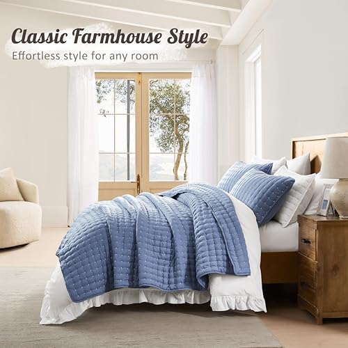 WDCOZY Blue Queen Size Quilt Bedding Sets with Pillow Shams, Lightweight Soft Bedspread Coverlet, Quilted Blanket Thin Comforter Bed Cover, All Season Summer Spring, 3 Pieces, 90x90 inches - Image 6