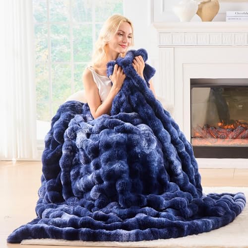 BENVWE Fluffy Faux Fur Throw Blanket for Couch, Soft Plush Thick Cozy Fuzzy Luxury Minky Bubble Blanket for Home Living Room Decor Gift for Women, Tie-dye Blue, 51" x 63", 1100GSM - Image 5