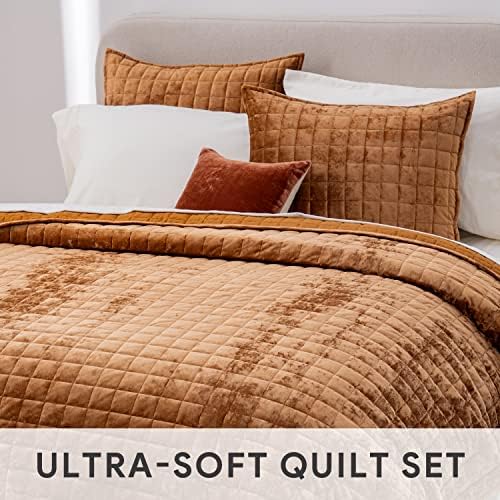 RECYCO Channel Box Stitch Velvet Quilt Set, King Size, Rusty Burnt Orange - Image 5
