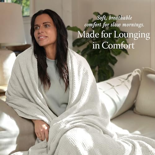 Threadmill Luxury 100% Cotton King Herringbone Blanket, Tusk White - Image 3