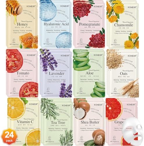 24 Pack Sheet Face Masks Skincare for Women, Hydrating Collagen Face Masks by KONEUK