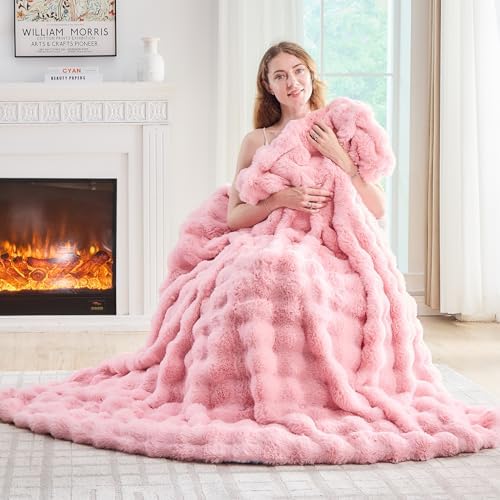 Lotus Karen Faux Fur Throw Blanket Pink - Big Bubble Rabbit Fluff Blanket for Couch, Sall Fluffy Fuzzy Cozy Blanket,Thick Furry Plush Shaggy Blankets,60x80 Inches by LotusKaren