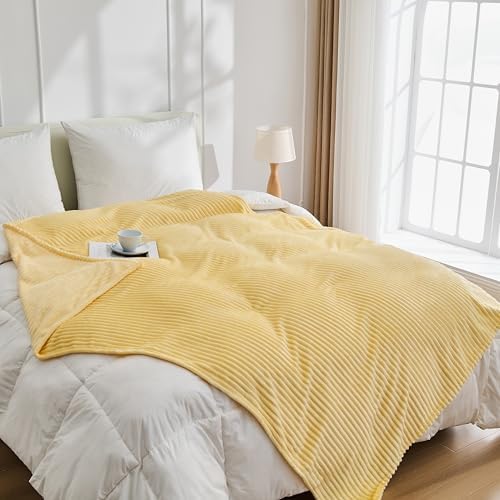 Bnuitland Light Yellow Fleece Throw Blanket for Couch, 300GSM Soft Warm Cozy Fluffy Throw for Adults & Kids, Stripe Pattern 50"x70", All Season Sofa Bed Blanket for Home Decor - Image 5