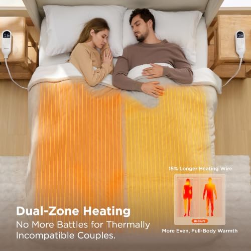 Bedsure Heated Blanket Queen Size, Dual Control Electric Blanket, Cream - Image 3