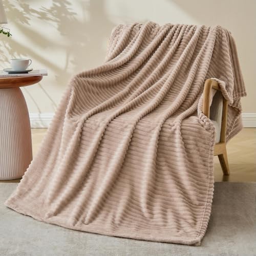 Bnuitland Fleece Throw Blanket, 300GSM Soft Warm Cozy Fluffy Throw for Babys & Pets, Stripe Pattern, All Season Sofa Bed Blanket for Home Decor, Light Camel 50"x60" by BNUITLAND