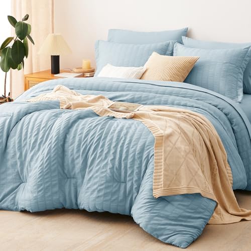 CozyLux Queen Comforter Set, 7 Pieces Light Blue Seersucker Bed in a Bag by CozyLux