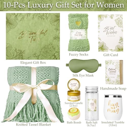 Gift Basket for Women, Self Care Set with Knitted Throw - Care Pkg - Green - Image 2