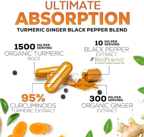 Turmeric Curcumin Supplement - 95% Curcuminoids with Organic Turmeric & Ginger, BioPerine Black Pepper Extract for Best Absorption, Natural Vegan Joint Support, Non-GMO, Bottled in USA - 120 Capsules - Image 6