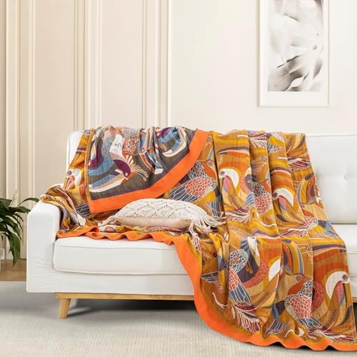 100% Muslin Cotton Throw Blanket for Couch Bed Adults Kids, Oriole Bird Printed Boho Quilt 4 Layers Ultra Soft Lightweight Reversible Gauze Blanket for All Season (Multi,80"x90") - Image 3