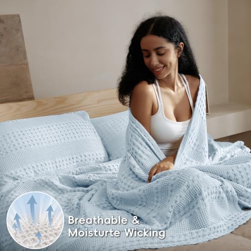 PHF Lightweight 100% Cotton Waffle Blanket for Bed, Queen, Sky Blue - Image 3