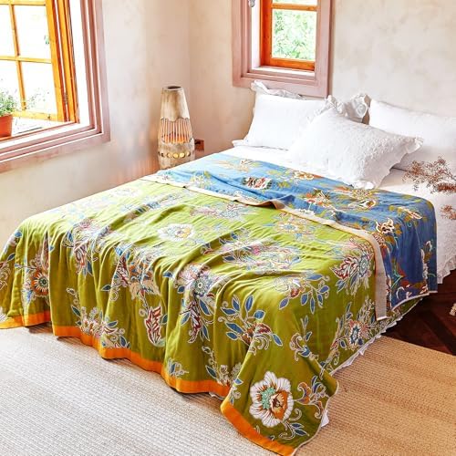 VANJOROY Boho Throw Blanket 80" x 90", 100% Organic Cotton Breathable Ultra Soft Bed Quilt Throw - All Season Luxury Floral Farmhouse Decor Blanket for Sofa Couch Chair and Gift. Green/Blue - Image 5