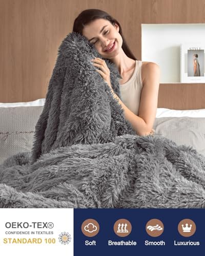 Pawque Faux Fur Throw Blankets Queen Size Fluffy Soft, Grey, 90x90 inches - Image 3