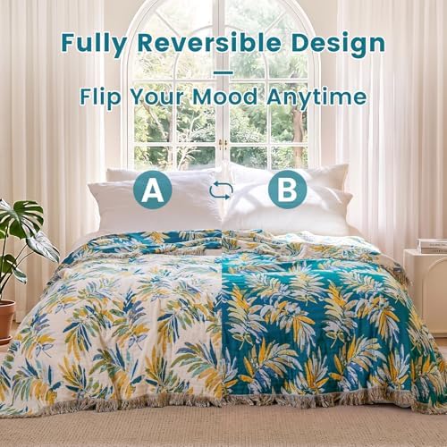 MSGKV Boho Throw Blanket 60"x80" 100% Cotton Leaves Muslin Blanket for Bed - Image 4
