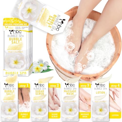 Pedicure Kit Foot Soak Set: Bubble Salt, Sugar Scrub, Massage Mask, Massage Lotion in a Box, 4 Step Foot Spa Kit for Dry Feet, Calluses and Tired Feet(1 Set Milky Flower) by nbcBeautiLab