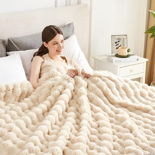 50x60 Inches Ultra-Soft Fuzzy Faux Fur Plush Throw Blanket - Thick, Warm Sherpa for Couch, Sofa, Bedroom, Camping - Decorative Blanket for Cozy Warmth, Bubble Khaki by Serenhom