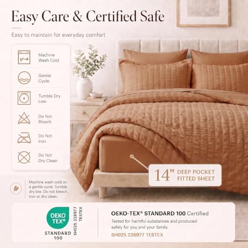 CozyLux King Size Comforter Set, 7 Pieces Pumpkin Seersucker Bed in a Bag - Image 5