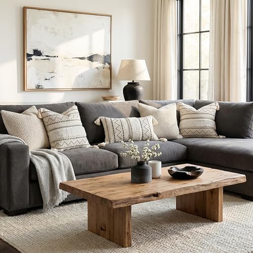 BlissBlush 20X20 Throw Pillow Cover, Cream Neutral Square Decorative Cushion Cover with Black Pattern, Boho Accent Pillowcase with Tufted Details and Tassels for Couch Sofa Living Room (Cover Only) - Image 6
