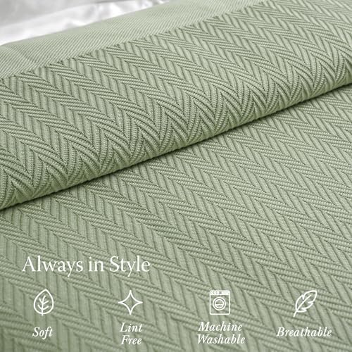 Threadmill Luxury 100% Cotton Queen Herringbone Blanket, Sage Green - Image 4