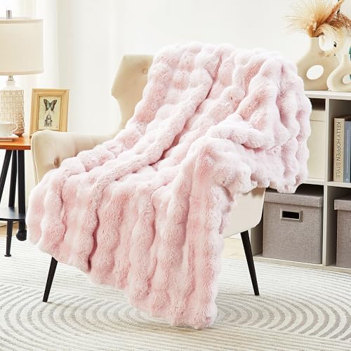 DREAMNINE Soft Faux Bubble Rabbit Fur Blanket Twin Size, Thick Cozy Decorative Warm Fuzzy Fur Blanket for Bed Couch Sofa Chair Bedroom Living Room Dorm Gift, 60 * 70 Inches, Pink - Image 5