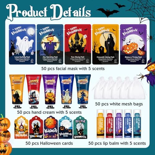 50 Pack Halloween Hand Cream, Facial Mask and Lip Balm Set, Halloween Gifts - Image 2