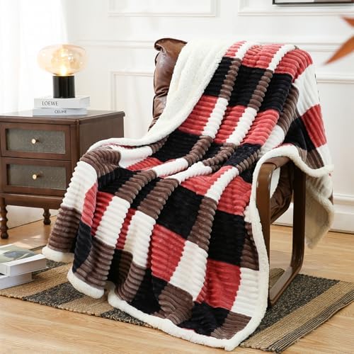 PU MEI Sherpa Blanket Twin Plaid Thick Bed Blanket, 60”*80” Super Soft Flannel Fuzzy Fleece Reversible Velvet Plush Warm Blanket for Couch (Black Red Check) by HOME