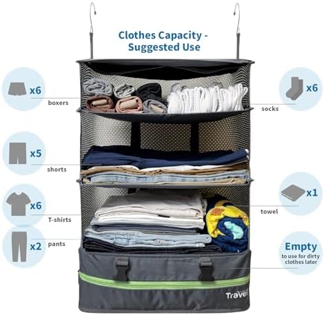 Stow-N-Go Portable Hanging Travel Shelves, Packing Organizer for Luggage. Carry on Closet for Clothes. Expandable Packing Cube. Travel Essentials. Dak Gray - XL - Image 2