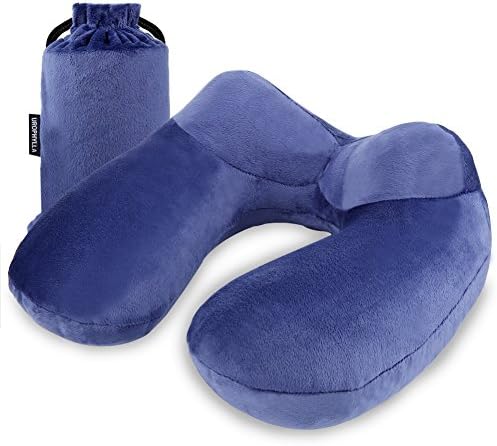 Inflatable Travel Pillow for Airplane, Soft Velvet Inflatable Travel Neck Pillow for Airplanes, Train, Car, Home and Office with Packsack & Comfortable Velvet - Blue by UROPHYLLA