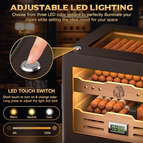 XIFEI Cigar Humidor Cabinet, Glass Top & Adjustable LED Lighting, Digital Hygrometer, 2 Humidifiers, Cigar Tube, Desktop Cedar Wood Humidor with Accessory Drawer for 80-100 Cigars, Ideal Men's Gift - Image 4