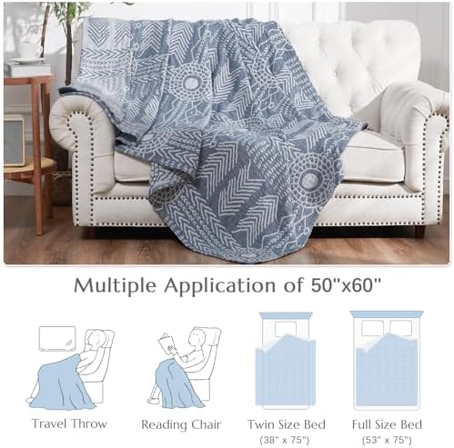 jinchan Boho 100% Cotton Muslin 50x60 Throw Blanket Lightweight 3-Layer Blue Blanket Washable Reversible Breathable Decorative Geometric Striped Patterned Soft Cozy for Sofa Bed All Season Gift - Image 5