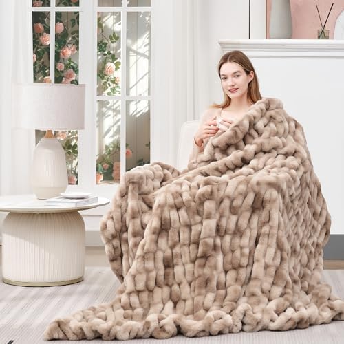 Touchat Ruched Rabbit Faux Fur Throw Blanket, Fluffy Soft,Tie-dye Brown - Image 3