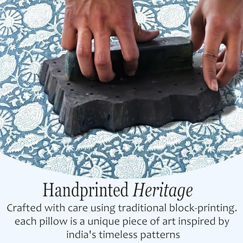 CPC Blue Meadow Hand Block Print 100% Cotton Ruffle Throw Pillow Cover 24x24 inch with Hidden Zipper Decorative for Couch, Bed, Sofa, Farmhouse, Cottagecore Decor Gift Christmas Fall Thanksgiving - Image 3