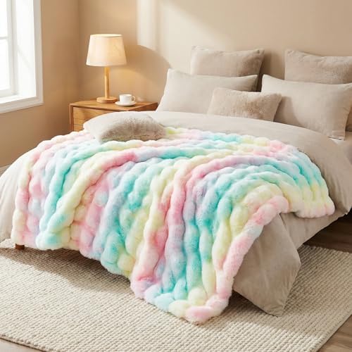 DREAMNINE Soft Faux Bubble Rabbit Fur Blanket Twin Size, Thick Cozy Decorative Colorful Warm Fuzzy Fur Blanket for Bed Couch Sofa Chair Bedroom Living Room Dorm Gift, 60 * 70 Inches, Rainbow by DREAMNINE